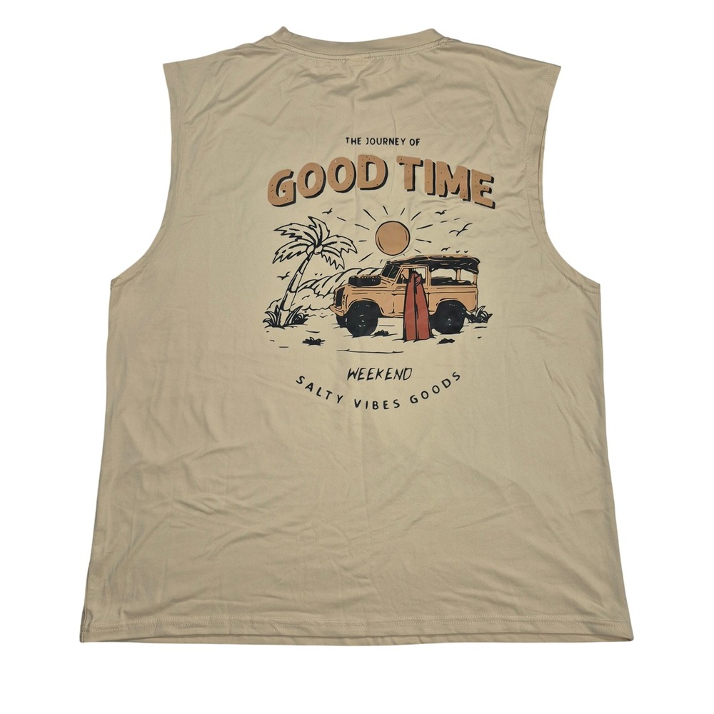 Muscle Tank Mens XXL Tan Good Salty Vibes Weekend Surf Graphic Tee